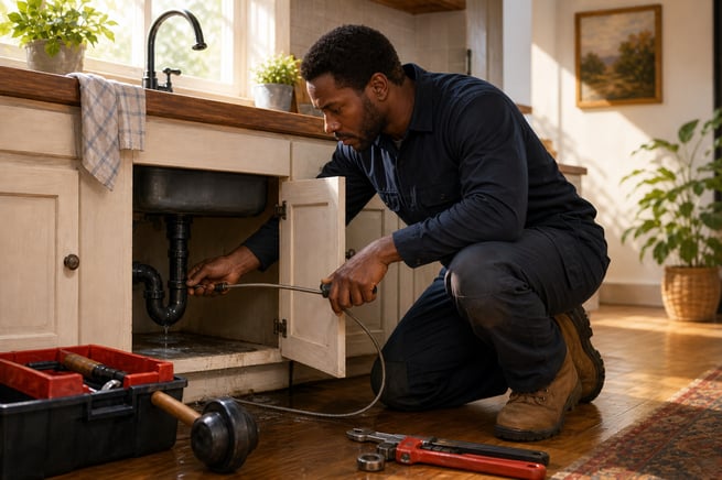 Black Plumber Clearing Blocked Drain at Home