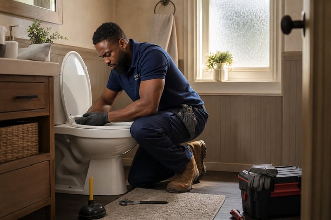 Black Plumber Repairing Blocked Toilet Black Plumber Repairing Blocked Toilet