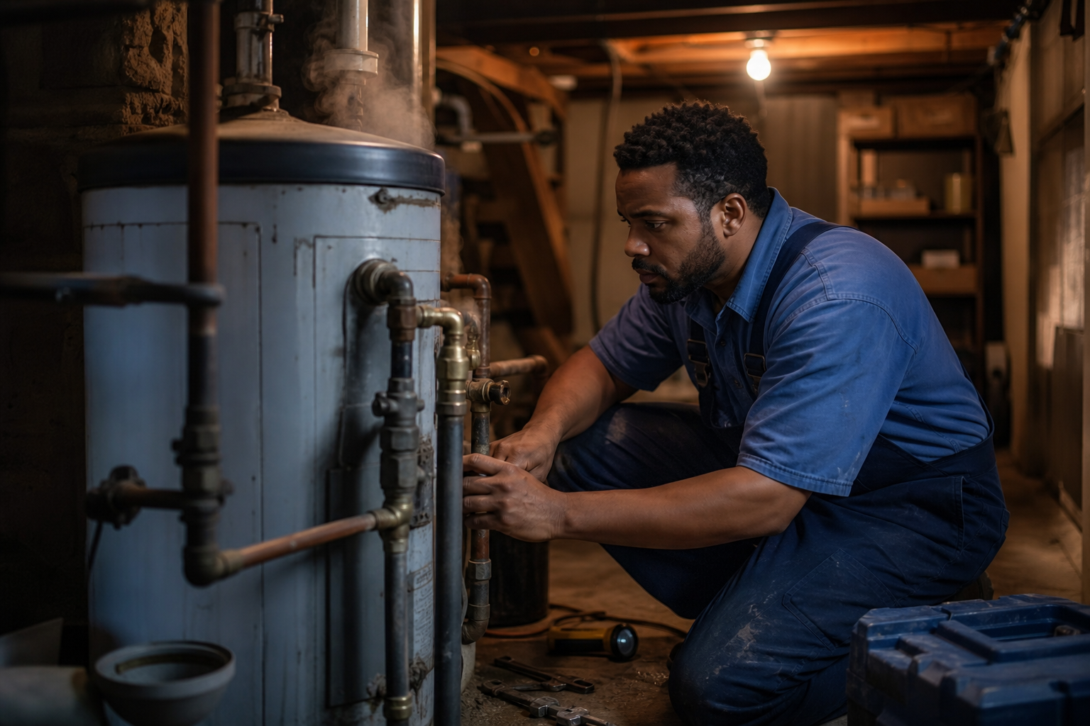 Black Plumber Repairing Geyser