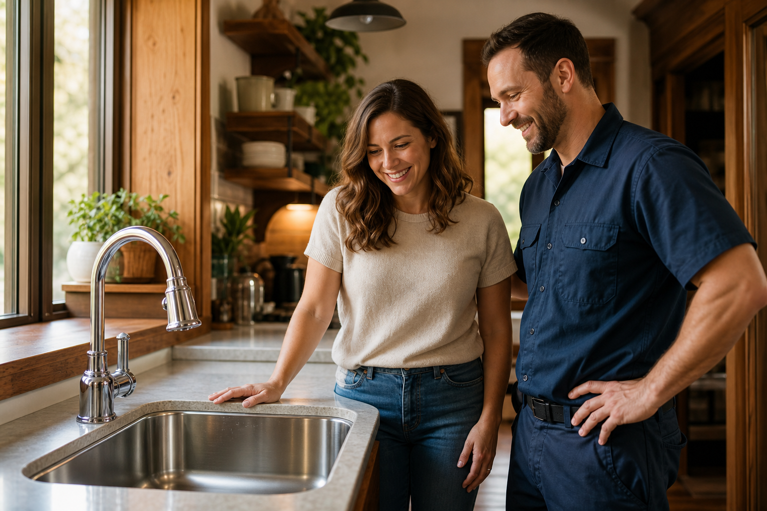 Happy Client with Plumber Smiling