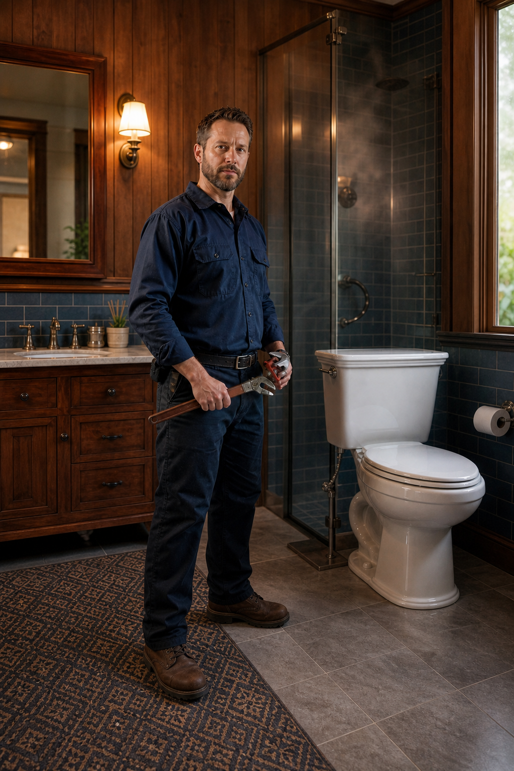 Professional Plumber With Tools Near Toilet-1 Professional Plumber With Tools Near Toilet-1